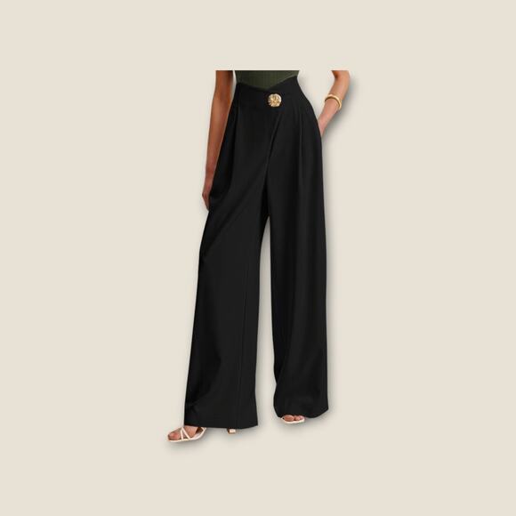 Black Gold Button Detail – High-Waist Wide-Leg Pants – Size XL (12) - Picture 2 of 8